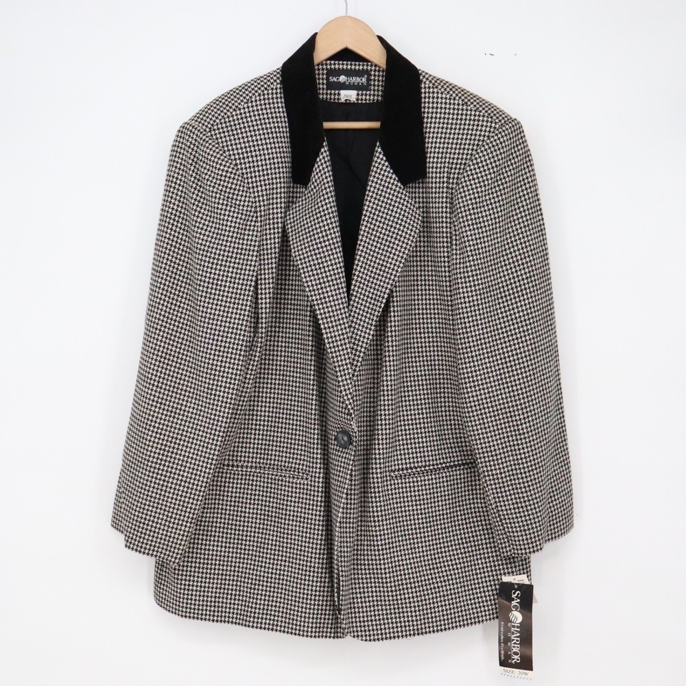 Sag Harbor Blazer Womens 20W Wool Blend Black White Houndstooth